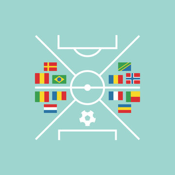 A flat vector illustration of a soccer field with world flags