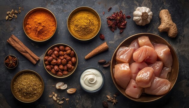 Curry Ingredients: A vibrant overhead view showcases an assortment of raw chicken cubes alongside various spices, nuts, and aromatics, ready for a delicious culinary creation.