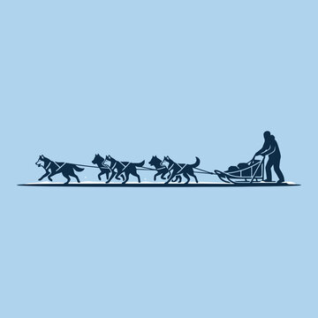 A silhouette of a musher driving a dog sled team