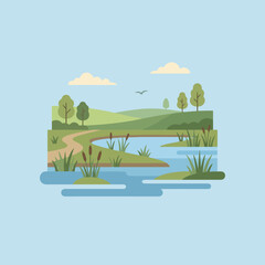 Obraz premium A peaceful flat vector landscape with a lake