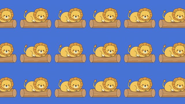 Lion and lioness lying on wooden couch against blue background, cute cartoon illustration