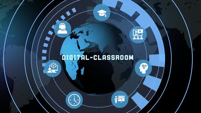 Futuristic digital classroom concept with earth globe and education icons for online school and remote learning.