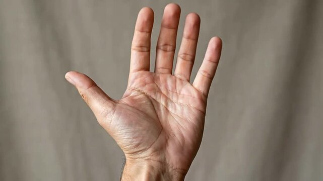 Close-up of a Raised Hand with Open Fingers in Neutral Setting