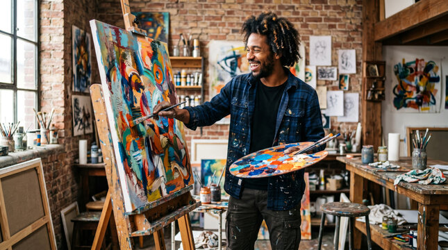 Black, African-American male Smiling Artist Painting an Abstract Masterpiece in a Rustic Studio
