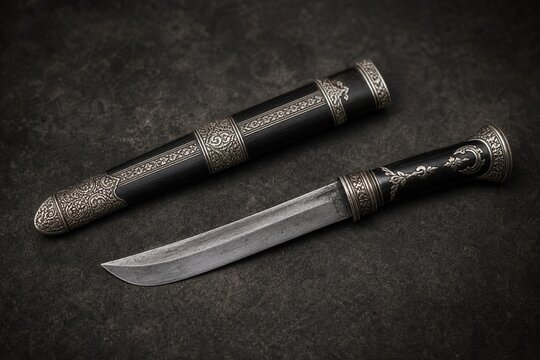 Traditional Burmese straight-blade knife with silver inlay on a dark background.