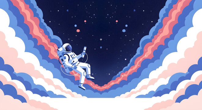 Astronaut floating in colorful clouds in outer space holding a device.