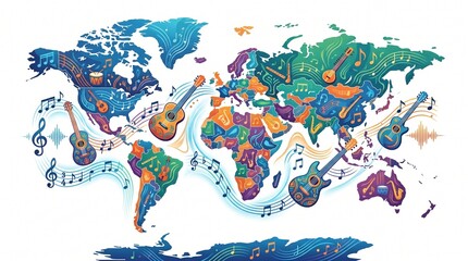 Naklejka premium Colorful World Map Illustration Composed of Musical Instruments and Notes Representing Global Music Culture
