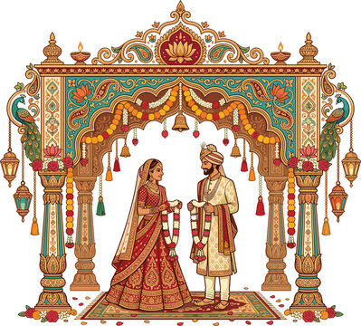 Indian wedding ceremony vector illustration with bride and groom exchanging garlands under ornate traditional mandap isolated on white background