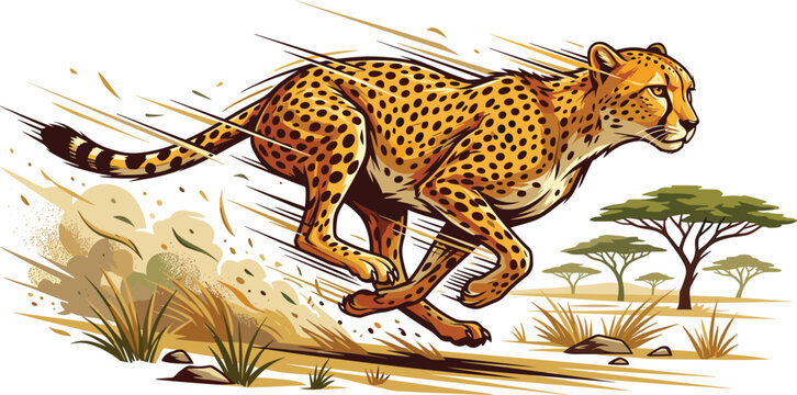 Fast running cheetah vector illustration sprinting through African savanna background with motion lines speed dust and acacia trees