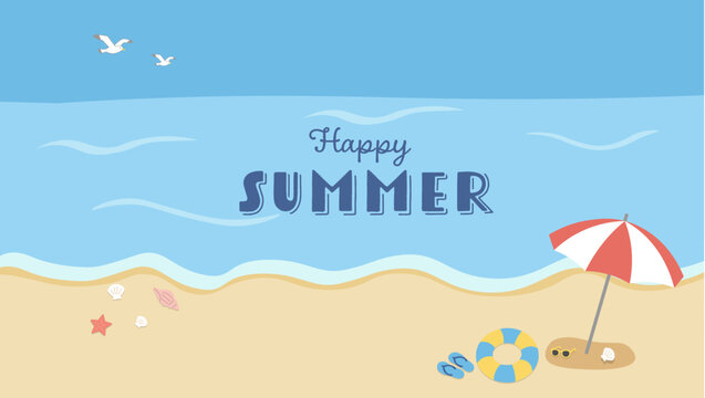 夏バナー　海_A9夏素材　夏のバナーイラスト　夏の背景イラスト　海の背景イラスト　　砂浜、ビーチパラソル、ビーチサンダル、海、波、カモメ