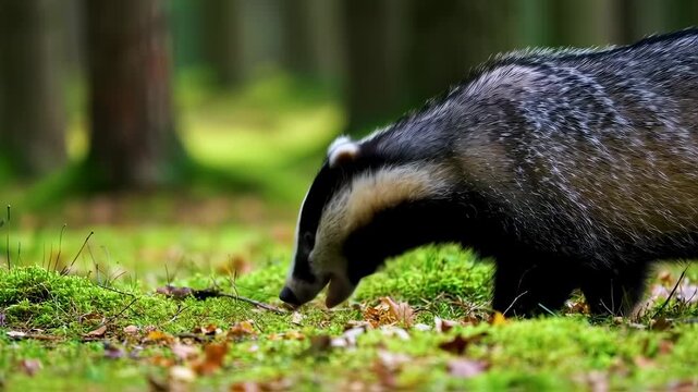 European Badger in Forest Foraging for Food in Natural Environment