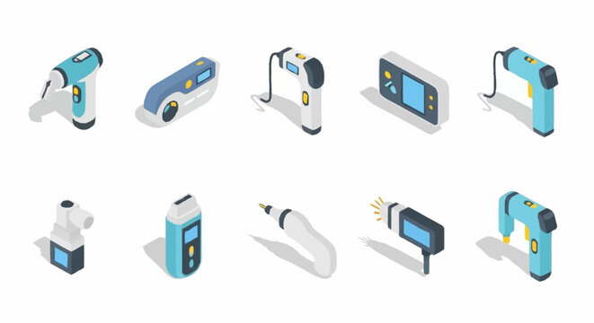 Isometric icons of modern electronic devices and gadgets.