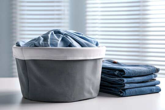 Laundry basket and folded denim jeans on a bright table by a window in a clean macro shot for home lifestyle advertising