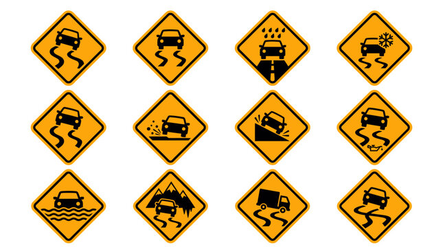 Collection of road hazard warning signs for slippery conditions and traction issues