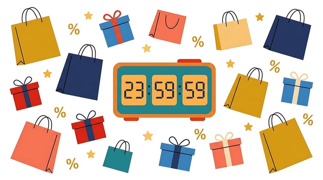 Countdown to Deals: A collection of vibrant shopping bags and gift boxes surround a retro digital clock displaying 23:59:59, signaling an imminent sale or event.