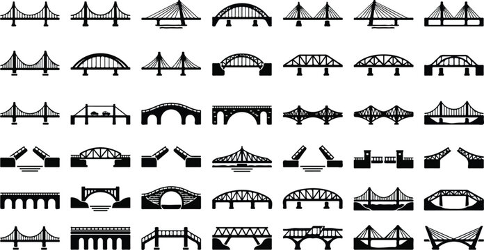 Diverse bridge silhouette icons including suspension arch and truss