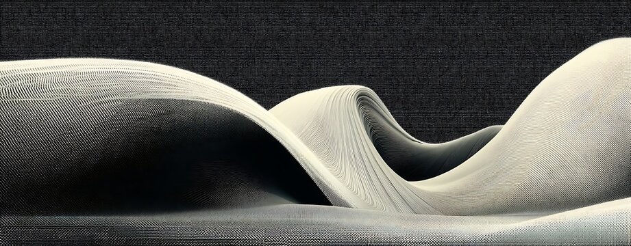 Black and white wallpaper grain composition abstract digital landscape with flowing white waves and dark binary code background texture