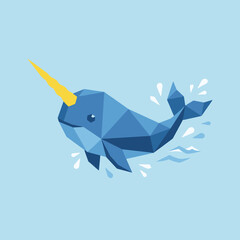 A cute geometric narwhal swims through the deep blue ocean water © Lakshmi