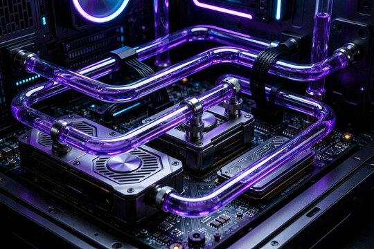 Custom water cooled gaming PC interior with glowing purple liquid tubes.