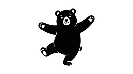 Naklejka premium A cheerful bear dances playfully in a peaceful natural landscape with a waterfall and rainbow