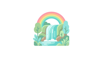 A serene waterfall cascades gently under a vibrant rainbow surrounded by lush foliage in a natural landscape. © Sad