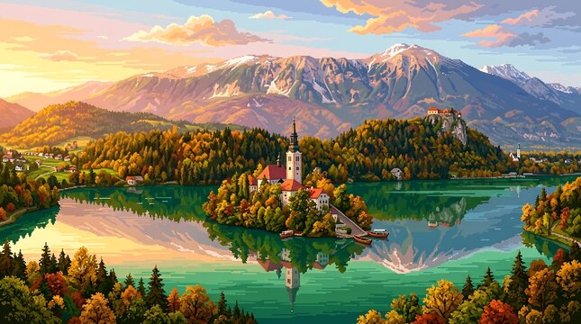 Beautiful church on a small island in lake bled surrounded by mountains on white background