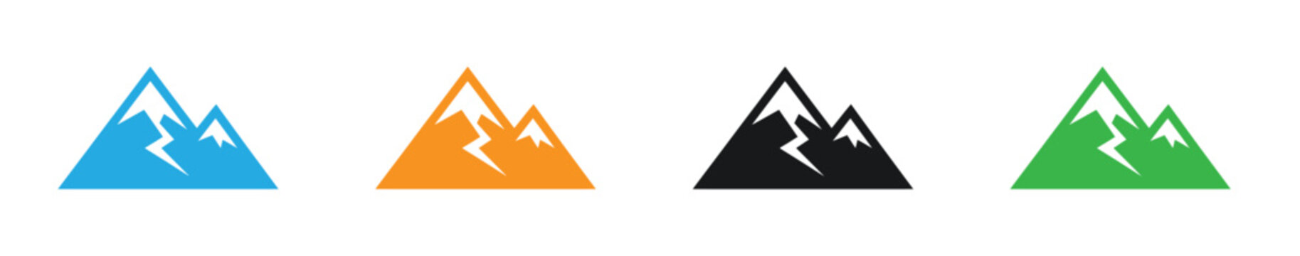 Multicolor mountain range icons set in blue, Orange, Black, And green vector illustration .