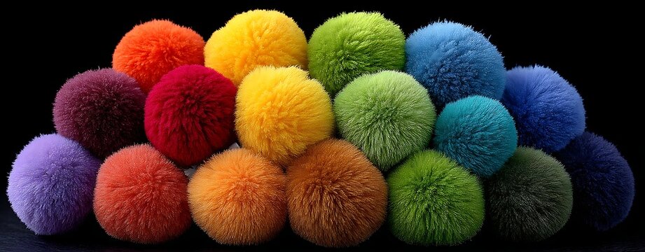 Pom-pom kids learning color sorting pom pom collection of colorful fluffy yarn pom poms arranged in vibrant pile against solid black background
