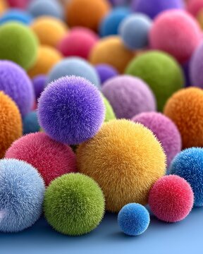 Pom-pom kids learning color sorting pom pom macro view of colorful fuzzy pom poms in vibrant pile of soft textured spheres for creative crafts