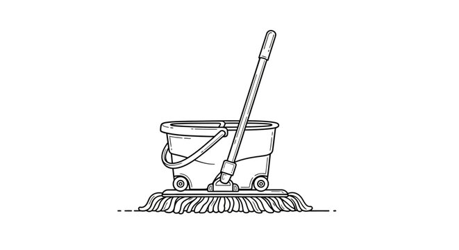 Classic mop and bucket cleaning tool illustration.
