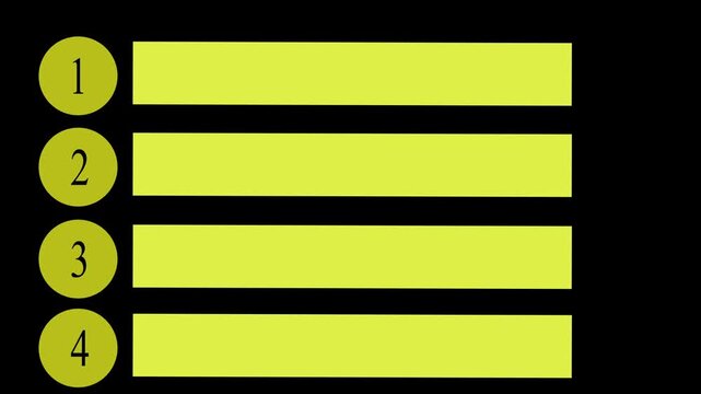 Yellow infographic bar chart animation featuring ranked horizontal list from one to four on black background