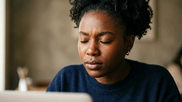 Concerned African American Woman Using Laptop in a Modern Workspace