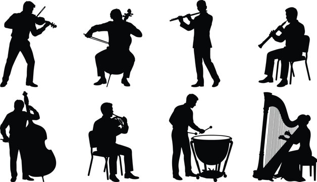 Orchestral Musicians Silhouette Collection with Classical Instruments and Performance Poses