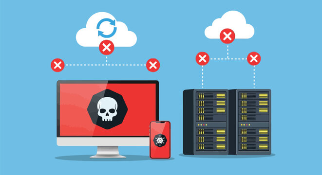 Cyber attack security breach concept with skull icon on computer and phone, server and cloud connection error symbols.