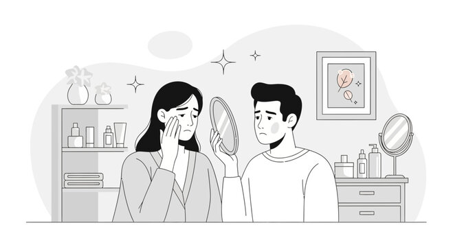 Couple with Skin Concerns Looking in Mirror, Sadness and Self-Doubt