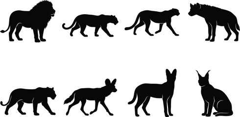 Fototapeta premium Wild Cat and Canid Silhouette Collection with Big Cats and Wild Dogs