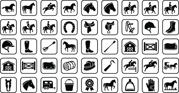 Horse riding and equestrian sports icon set in black and white