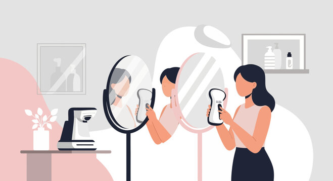Woman reflection in mirror, skincare routine, beauty self-care, flat illustration