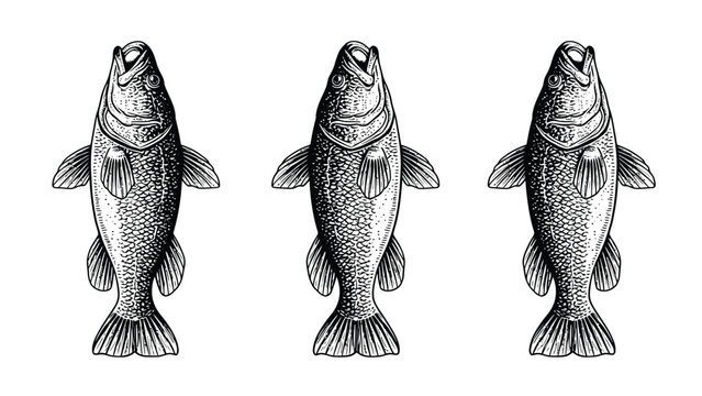 Three identical vintage-style illustrations of trout fish arranged in a row on a white background.