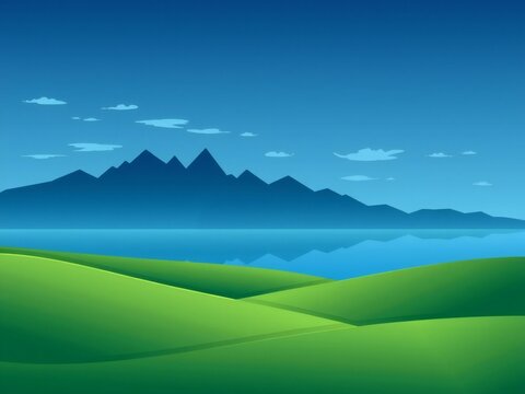 Serene landscape with rolling green hills and distant blue mountains across a calm lake