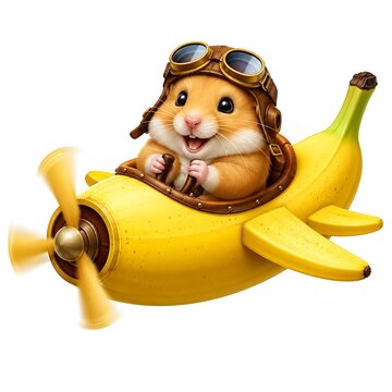 Whimsical Hamster Aviator Piloting a Banana-Shaped Aircraft Through the Sky Embarking on a Fruity Aerial Adventure Capturing the Joy of Imagination and Playful Exploration. surreal whimsical funny iso