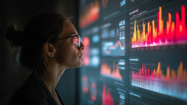 Businesswoman analyzing profit growth in virtual dashboard AI technology concept