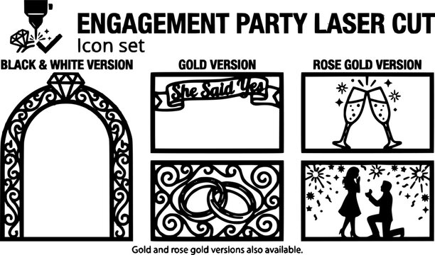 Engagement Party Laser Cut SVG Template Set with Diamond Ring, She Said Yes Banner and Champagne Toast Frames, Gold and Rose Gold Editable Vector, 5 Designs