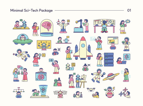 Minimal science and technology character collection featuring AI, robotics, space exploration, biotechnology, automation, and futuristic innovation.