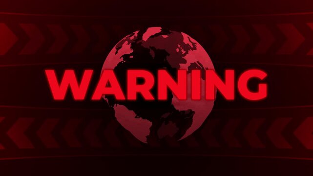 Glitch effect warning text, for notification, with glowing text and digital world map globe background, with red theme, emergency broadcast