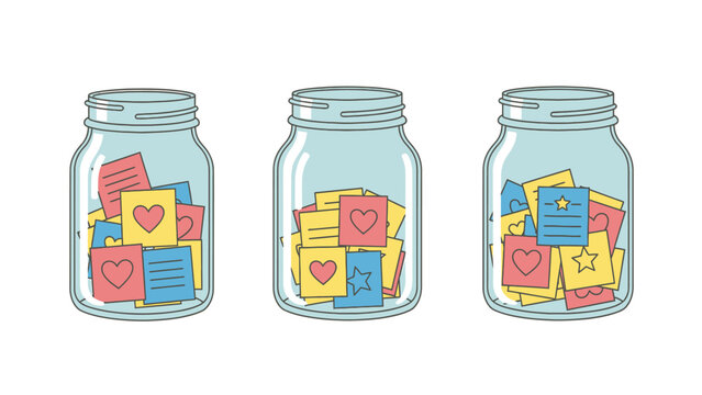 Three glass jars filled with colorful notes and symbols representing ideas, memories, or wishes.