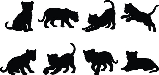 Lion Cub Silhouette Collection with Playing Sitting Walking and Resting Poses © Tanjimul