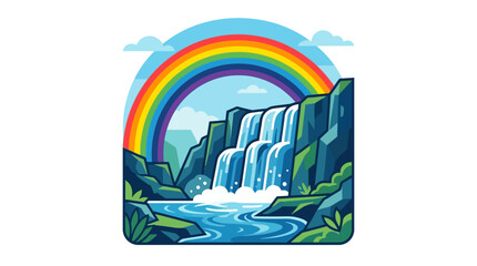 Naklejka premium A vibrant rainbow arches over a majestic waterfall surrounded by lush greenery and a serene natural landscape.