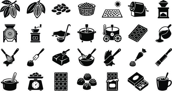 Cocoa production and chocolate making process icons set