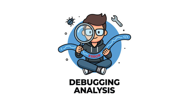Cartoon programmer debugging code with a magnifying glass, representing software development and analysis.